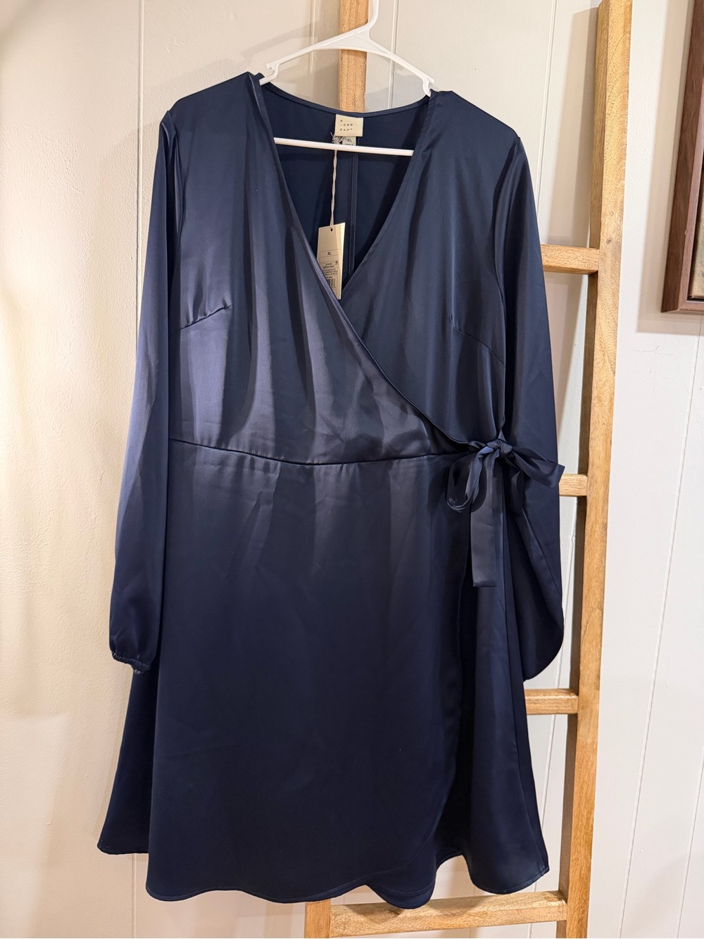 NWT A New Day Navy Satin Long Sleeve Faux Wrap Dress Size XL